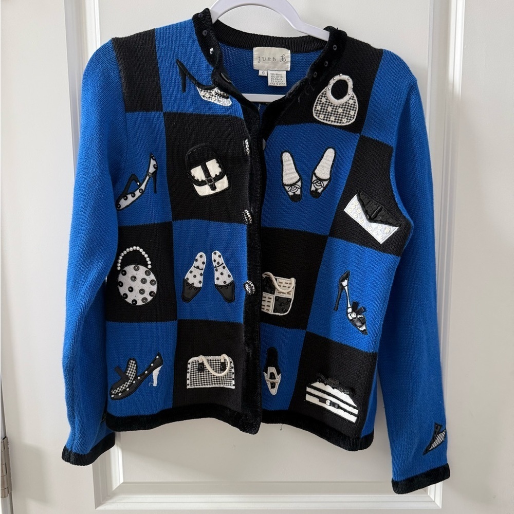 Vintage Just B Handbags and Heels Royal Blue, Black and White Sweater Size Small